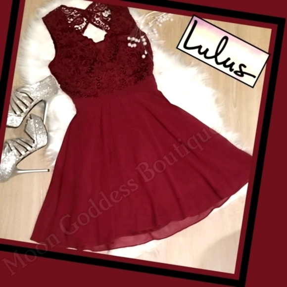 Lulus ✦ Burgundy Lace Skater Dress ✦ Crocheted Bodice w/ Chiffon Open-Back Skirt - Picture 16 of 16